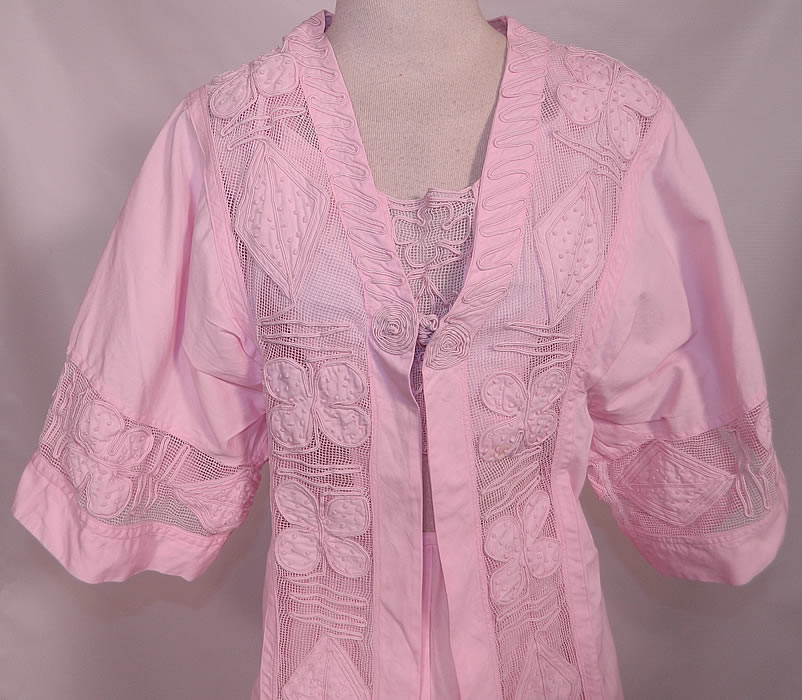 Edwardian Pink Cotton  French Knot Soutache Walking Suit Jacket Top Skirt. This stunning summer three piece walking suit includes a short cropped camisole top tunic sleeveless vest overlay with wide open arm holes. The top measures 14 inches long, with a 32 inch bust. 