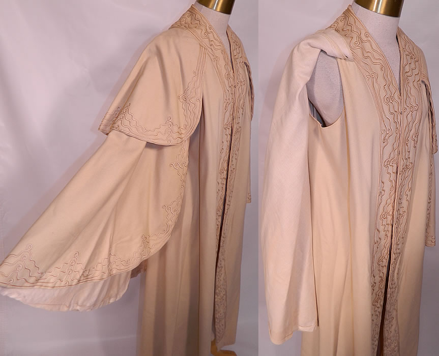 Edwardian Soutache Work Cream Wool Winter Cloak Cape Coat Jacket. The cloaks three tiered layers measure 48 inches long, 38 inches long and the shorter cape 16 inches long, with 50 inch hips, a 44 inch waist and 38 inch bust. It is in good condition, with only a few tiny moth hole nip holes and light faint staining along the bottom hem. This is truly a quality made piece of wearable antique textile art! 