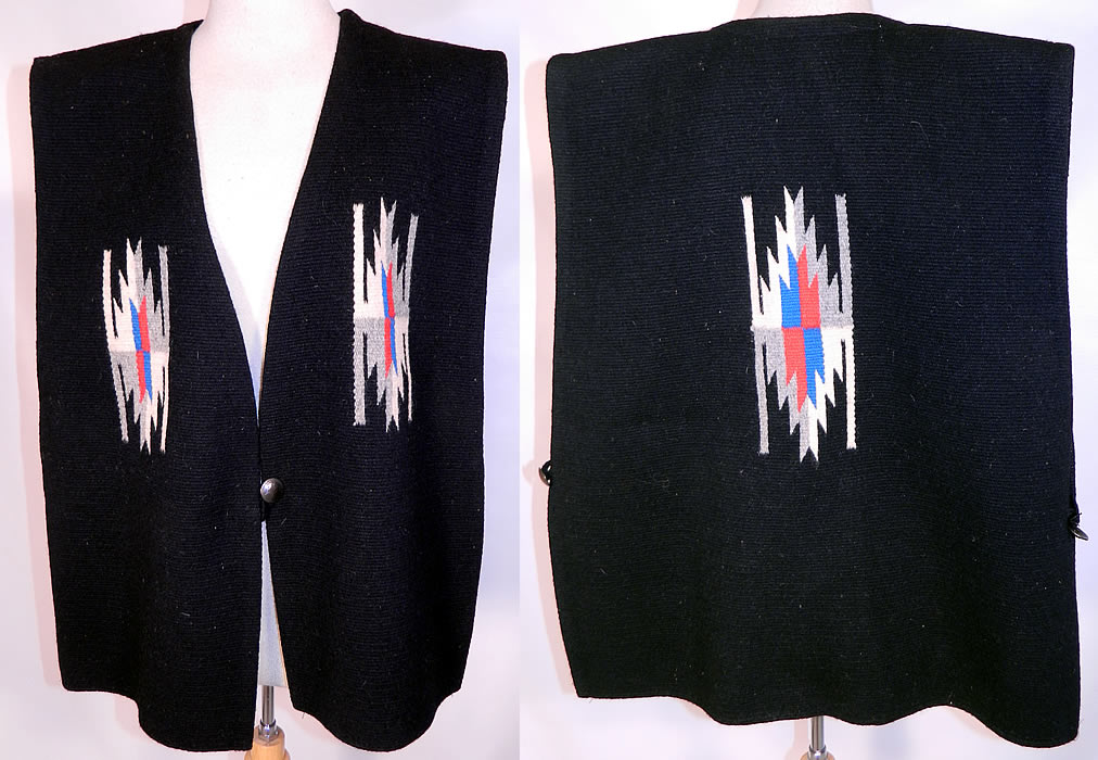 Vintage Ortega's Chimayo Blanket Woven Wool Tunic Top Vest Barber Silver Quarter Buttons. This vintage Ortega's Chimayo blanket woven wool tunic top vest Barber silver quarter buttons dates from the 1950s. It is made of a hand loomed black wool blanket style body with a colorful New Mexico Southwest design.