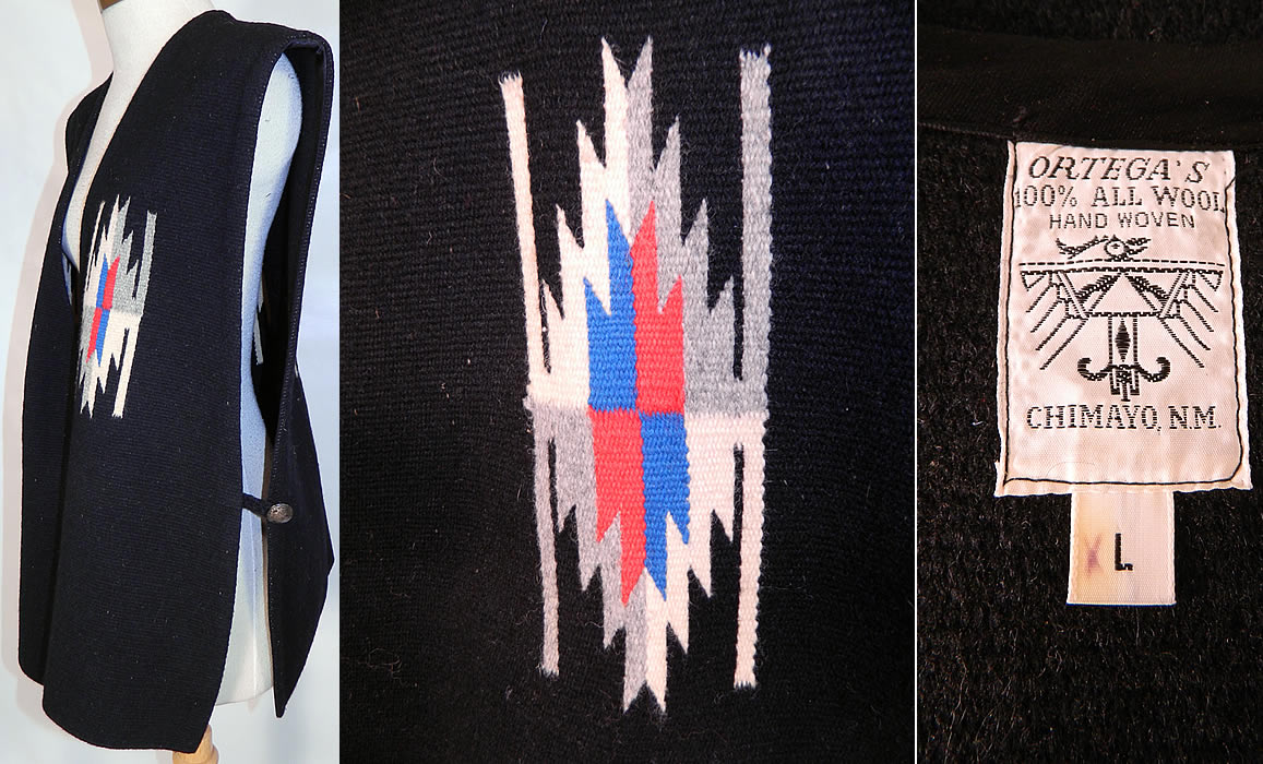Vintage Ortega's Chimayo Blanket Woven Wool Tunic Top Vest Barber Silver Quarter Buttons. This beautiful blanket sleeveless vest style tunic top is loose fitting,  with open sides, button closures and black silk piping trim. It is unlined, with a "Ortega's 100% All Wool Hand Woven Chimayo, N.M." Size Large label sewn inside. The vest measures 26 inches long, with  a 52 inch waist and 44 inch chest. It is in good condition. This is truly a wonderful one of a kind piece of wearable Southwestern textile art!  