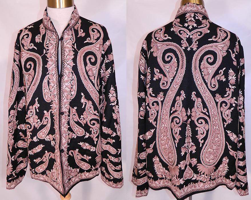 Vintage Paisley Chain Stitch Crewel Work Embroidery Black & Ecru Wool Coat. This vintage paisley chain stitch crewel work embroidery black and ecru wool coat jacket dates from the 1960s. It is made of a black soft merino wool, with two shades of ecru beige color chain stitch crewel work hand embroidered floral leaf paisley boteh tear drop designs.
