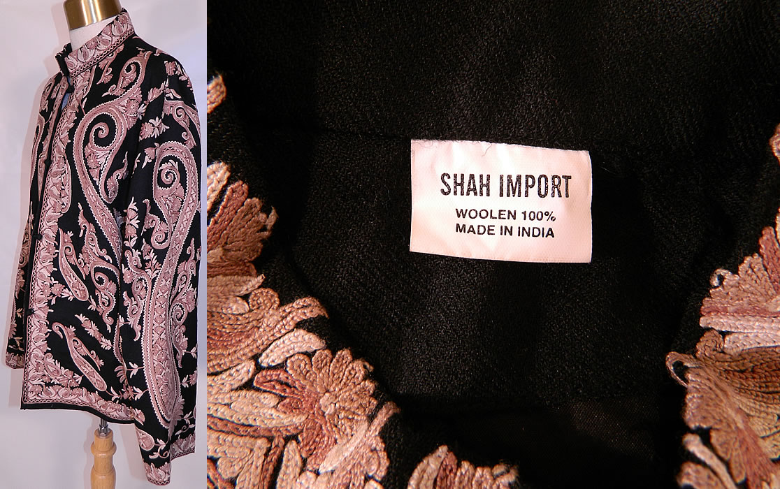 Vintage Paisley Chain Stitch Crewel Work Embroidery Black & Ecru Wool Coat. 