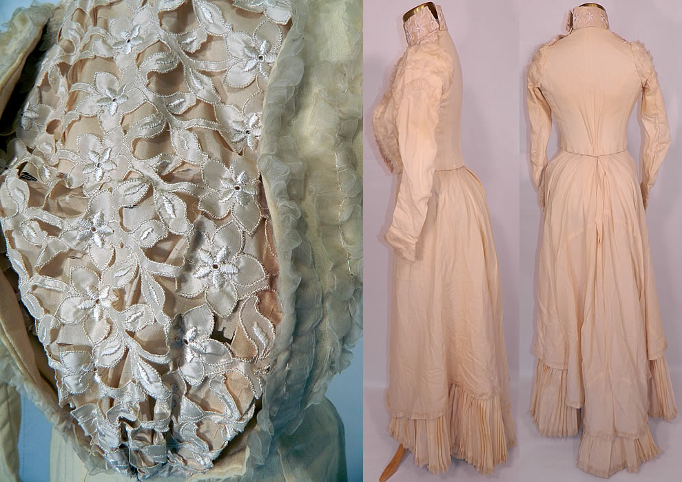 Victorian Cream Wool Lace Applique Bustle Bridal Wedding Gown Dress. This beautiful bridal wedding gown 2 piece dress has a fitted bodice, with long tapered sleeves, high collar neck, hook closures front and is fully lined with stays boning sewn inside. The bodice measures 15 inches long, with a 22 inch waist, 32 inch bust, 10 inch back and 22 inch long sleeves. There is a matching long floor length layered full skirt, with pleated hemline, a slight back train, a white cotton horse hair stuffed bustle pad sewn inside for added fullness and hook closures on the back waistband.
