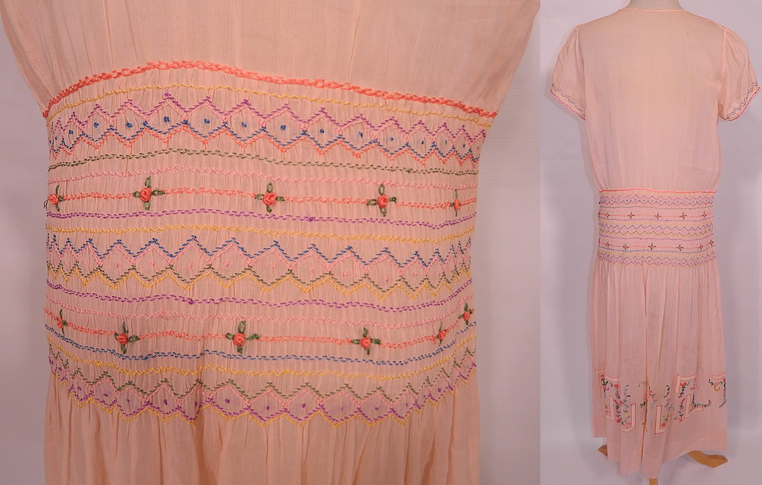 Vintage Peach Cotton Drop Waist Floral Embroidered Smocking Boho Peasant Dress. It is in good condition, with only a tiny pin hole on the back neck. This is truly a wonderful piece of wearable bohemian peasant textile folk art!  