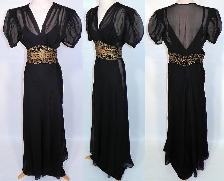 Vintage Black Silk Chiffon Gold Lam&eacute; Soutache Belted Evening Gown Dress & Slip. This vintage black silk chiffon gold lam&eacute; soutache belted evening gown dress and slip dates from the 1940s. It is made of a black sheer silk chiffon fabric, with an attached gold metallic lam&eacute; raised soutache embroidered belt with a floral spiral scroll work design.