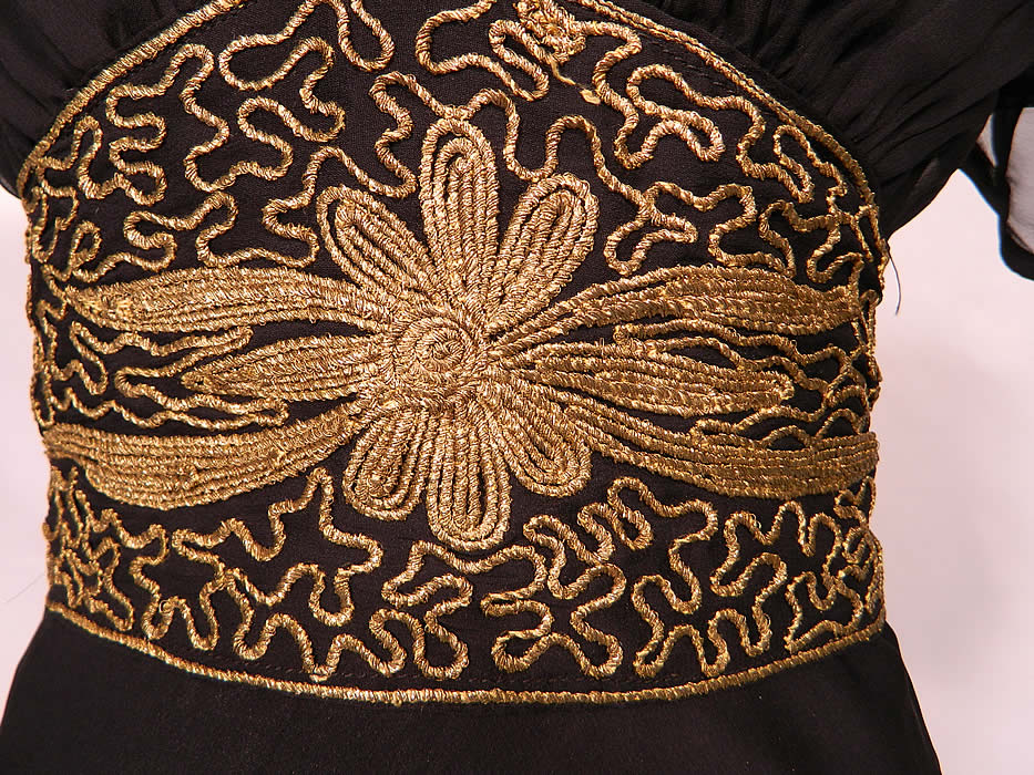 Vintage Black Silk Chiffon Gold Lam&eacute; Soutache Belted Evening Gown Dress & Slip. The dress measures 59 inches long, with 40 inch hips, a 28 inch waist and 38 inch bust. 