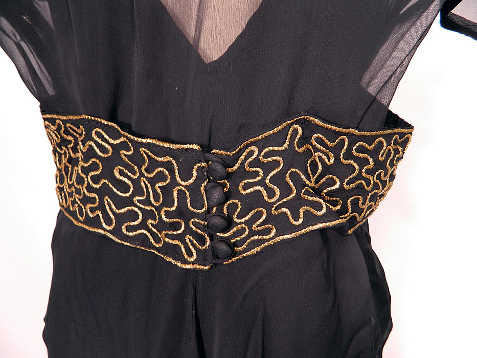 Vintage Black Silk Chiffon Gold Lam&eacute; Soutache Belted Evening Gown Dress & Slip. Included is a black silk crepe slip dress, which has an open side seam in need of repair. The slip measures 60 inches long, with 42 inch hips, a 40 inch waist and 38 inch waist. The dress is in good condition. This is truly a wonderful piece of wearable textile art!  