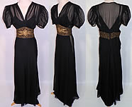 Vintage Black Silk Chiffon Gold Lam&eacute; Soutache Belted Evening Gown Dress & Slip