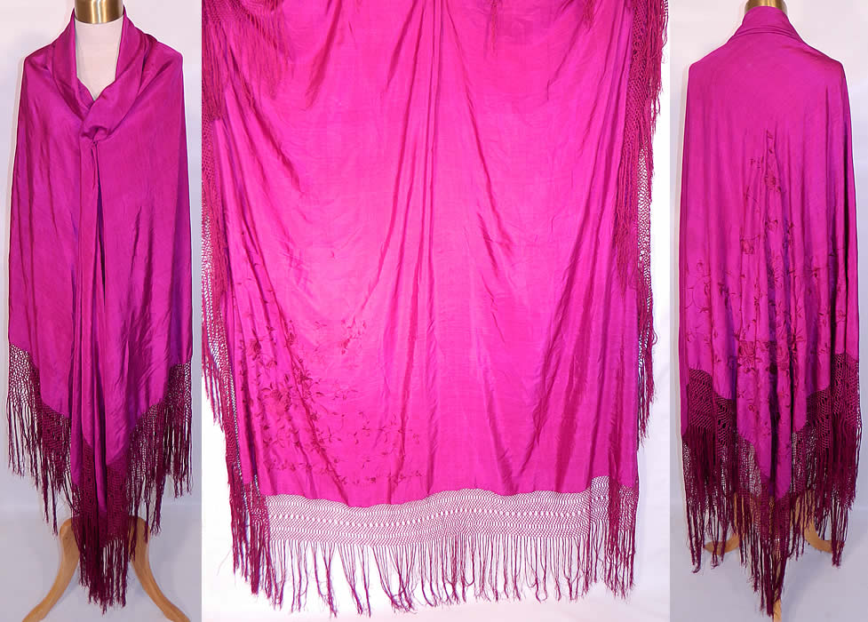 Vintage Fuchsia Purple Silk Floral Embroidered Fringe Boho Piano Shawl.  It is made of a purplish red fuchsia color Canton crepe de Chine silk fabric, with matching fuchsia silk raised padded satin stitch hand embroidery work rose flowers embroidered in one corner. 