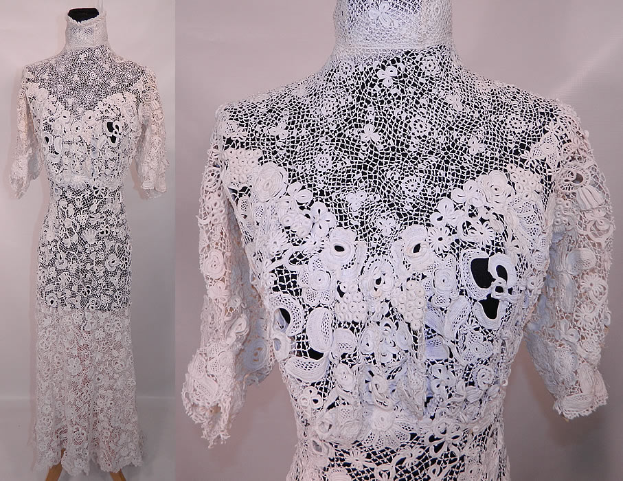 Victorian Antique White Irish Crochet Tape Lace Wedding Gown Bridal Dress. It is hand stitched, made of a white sheer Irish crochet tape lace with detailed meshwork, raised floral leaf designs and connecting thread picot ornamented bars.