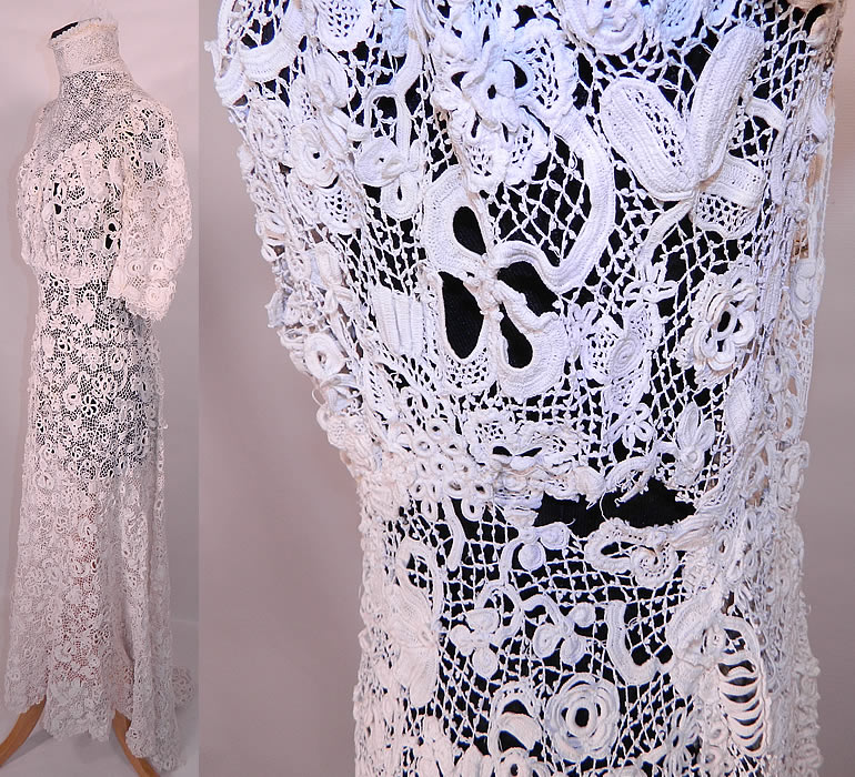 Victorian Antique White Irish Crochet Tape Lace Wedding Gown Bridal Dress. It is in good condition, with only a few missing hook closures on back, some small breaks in the connecting bride bars and a frayed hole on the side waist (see close-up). This is truly an extraordinary rare piece of wearable antique lace art! 