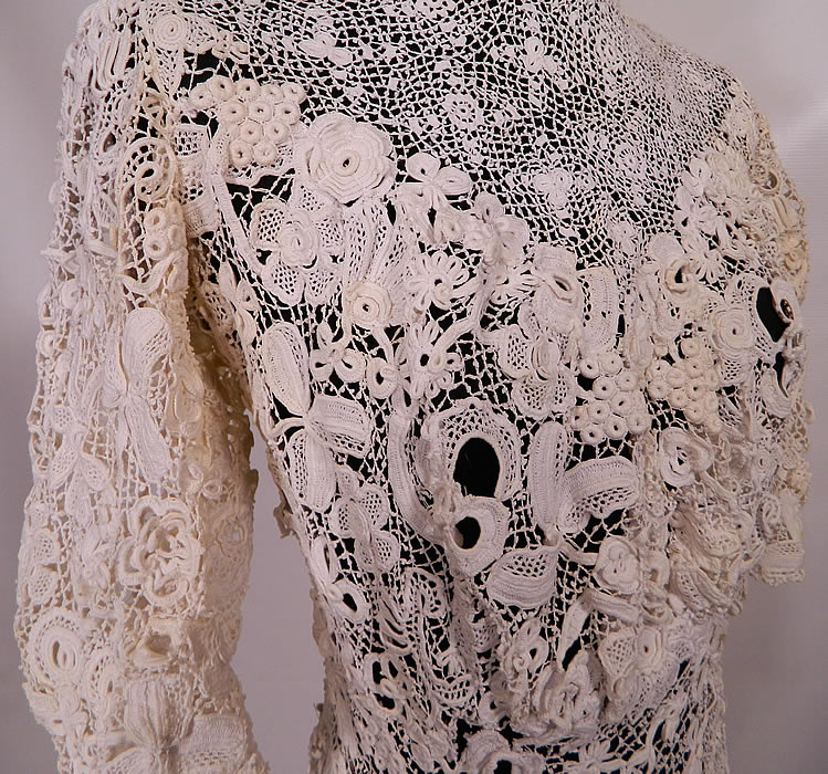 Victorian Antique White Irish Crochet Tape Lace Wedding Gown Bridal Dress. This exquisite Victorian era antique white Irish crochet tape lace wedding gown bridal dress dates from 1900.