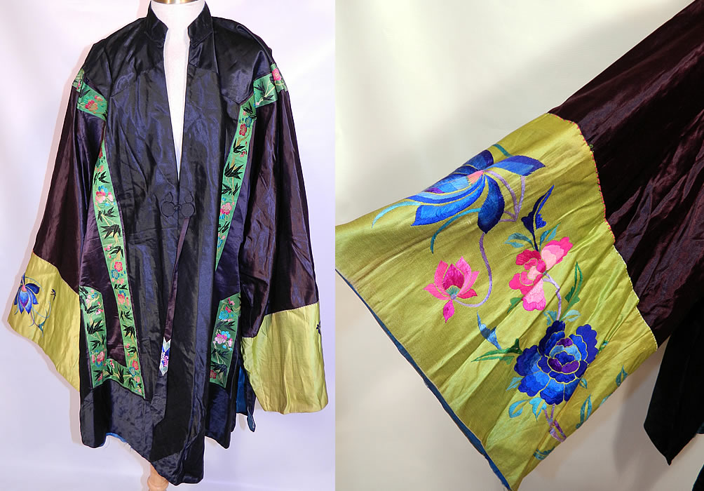 Antique Chinese  Silk Embroidered Peony Lotus Flower Sleeve Band Cuff Robe Coat. This antique Chinese silk  embroidered peony lotus flower sleeve band cuff robe coat dates from 1910 during the end of the Qing Dynasty. It is hand stitched, made of a  black silk  fabric, with green silk damask brocade ribbon trim edging and chartreuse green silk wide sleeve band cuffs, with bright colorful raised padded satin stitch embroidered  butterflies, peony and lotus flowers. 