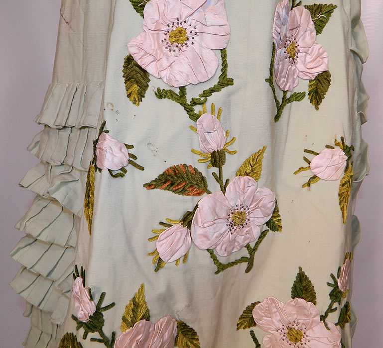 Victorian Pastel Mint Green Wool Pink Silk Rosette Flower Bustle Gown Dress. This is still a rare and exceptional piece of antique Victoriana wearable art!  