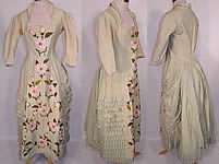 Victorian Pastel Mint Green Wool Pink Silk Rosette Flower Bustle Gown Dress