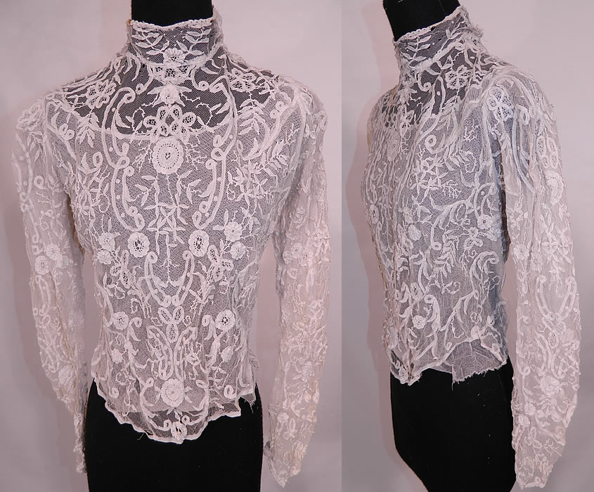 Victorian Princess  Brussels Bobbin Tape Lace White Net Shirt Blouse. This  Victorian era exquisite antique princess Brussels bobbin tape lace white net shirt blouse dates from 1900. 