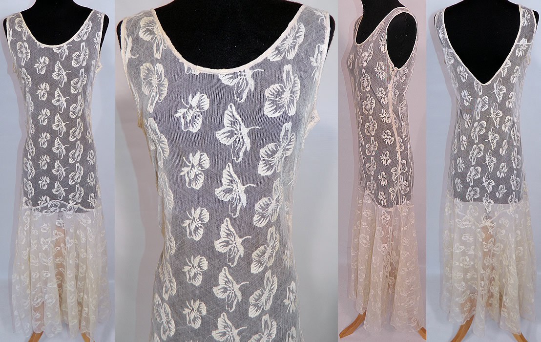 Vintage Cream Net Tambour Embroidery Lace Pansy Flower Bias Cut Dress . This vintage cream net tambour embroidery lace pansy flower bias cut dress dates from the 1930s. It is made of an off white cream color sheer cotton net tambour embroidery lace fabric, with a pansy flower pattern design. This beautiful bias cut slip dress, long floor length gown is sleeveless, with a plunging open back, flared bottom skirt, side snap closures and is sheer, unlined. 