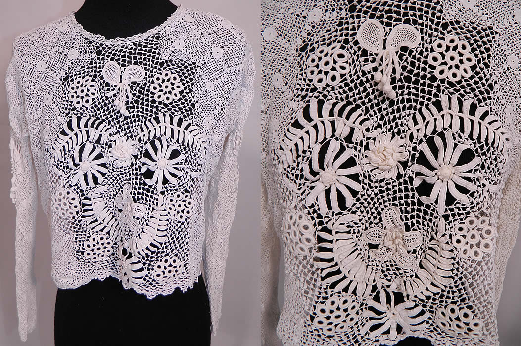 Edwardian Antique White Irish Crochet Tape Lace Shirt Bodice Blouse. This Edwardian era antique white Irish crochet tape lace shirt bodice blouse dates from 1915. It is hand made of a white sheer Irish crochet tape lace with connecting thread picot ornamented bars, detailed meshwork, raised three dimensional flowers, crochet ball fringe trim and open cut work designs. 