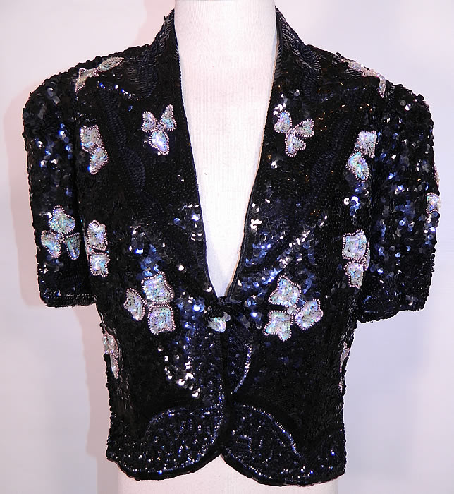 Vintage Black Net   Sequin Beaded Iridescent Gold Flowers Evening Jacket. This vintage black net sequin beaded iridescent gold flowers evening jacket dates from the 1940s.