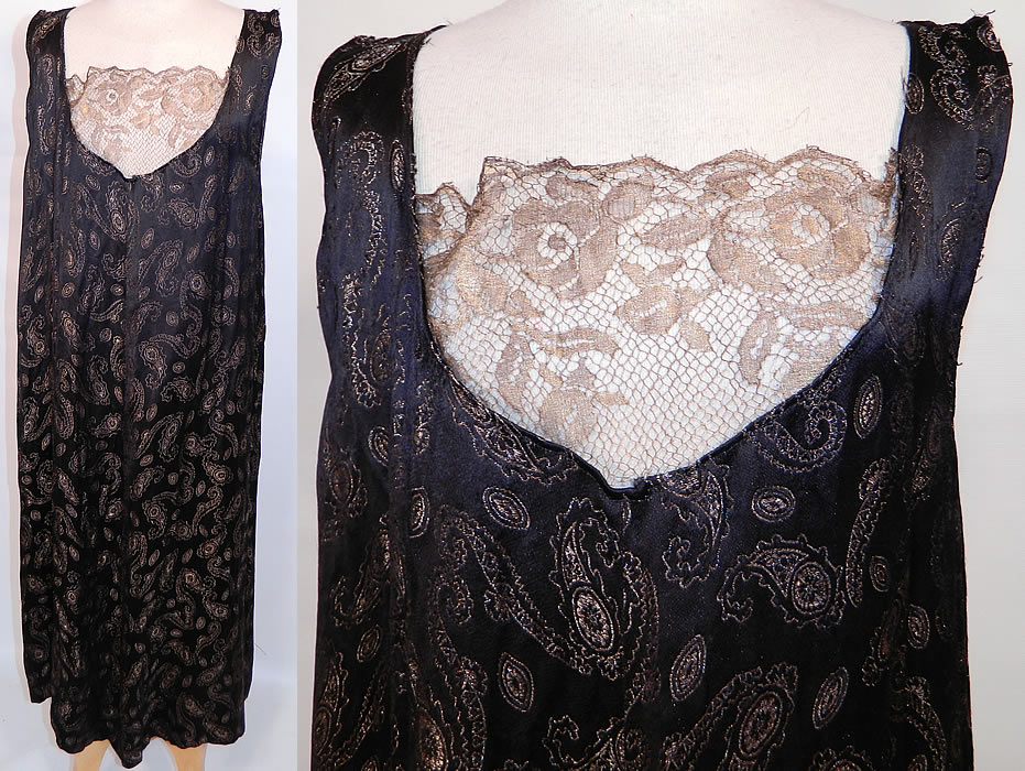 Vintage Art Deco Black Silk Gold Lam&eacute; Lace Paisley Boteh Dress Large Size. This vintage Art Deco black silk gold lam&eacute; lace paisley boteh dress dates from the 1920s. It is made of a black silk lam&eacute; fabric, with gold metallic threads woven through it creating a paisley boteh teardrop droplet design. There is a sheer gold metallic net lace floral rose pattern front neckline trim insert panel. 