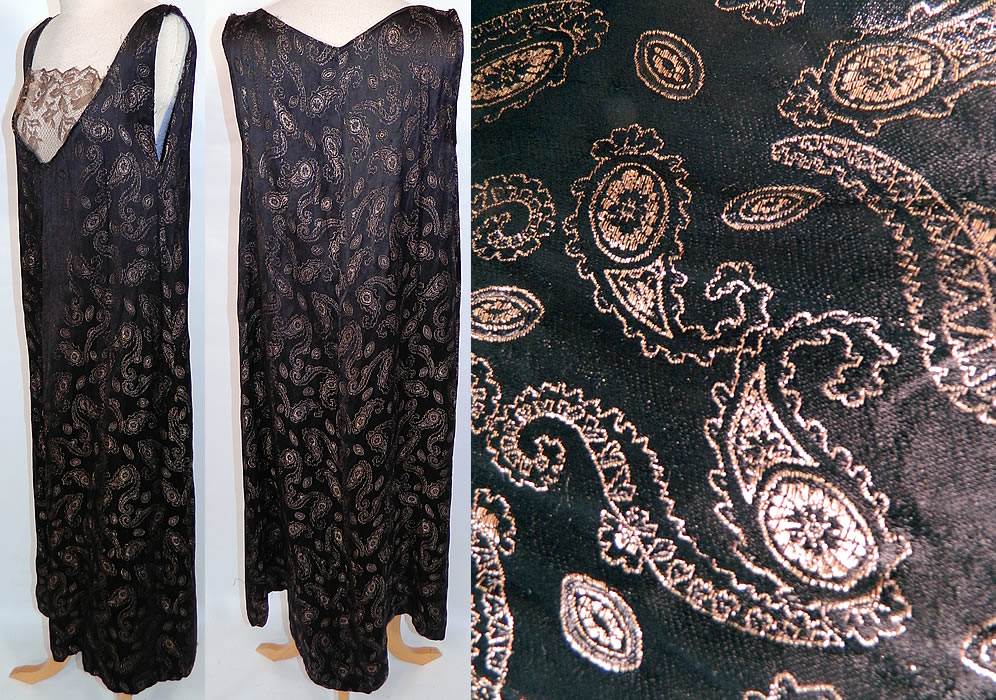 Vintage Art Deco Black Silk Gold Lam&eacute; Lace Paisley Boteh Dress Large Size. This fabulous flapper dress has a straight shift loose fitting, long drop waist style, sleeveless and unlined. The dress is a large size measuring 47 inches long, with 48 inch hips, a 42 inch waist and 38 inch bust. It is in good condition, with only a small frayed repair on one shoulder strap. This is truly a wonderful piece of wearable Art Deco textile art! 