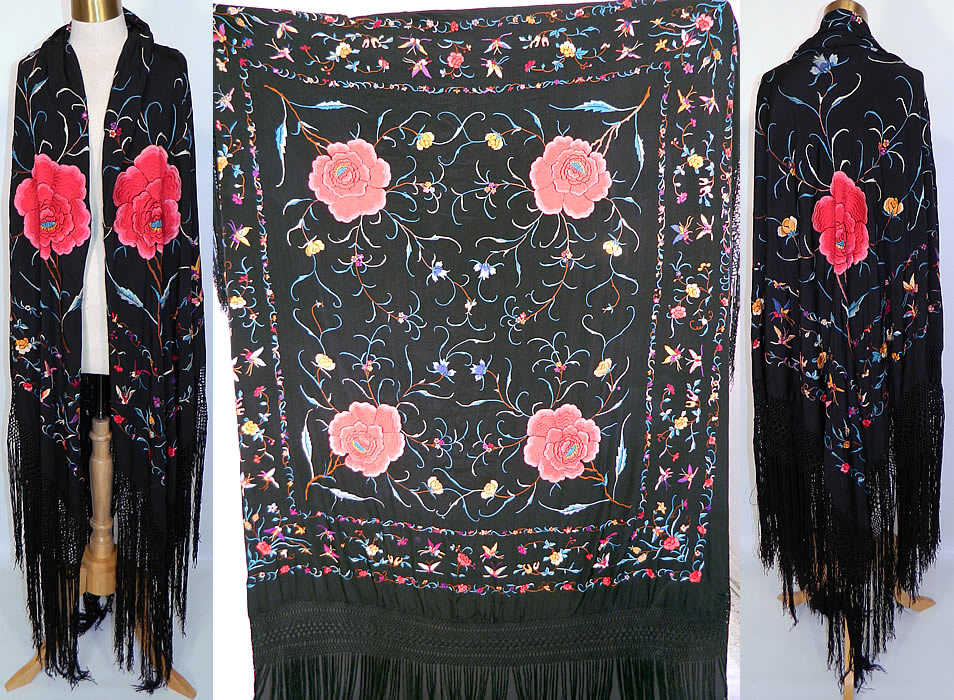 Antique Floral Red Roses Butterflies Silk Embroidered Canton Piano Shawl. This antique floral red roses butterflies silk embroidered Canton piano shawl dates from the 1920s. It is made of a black silk fabric background with colorful silk raised padded satin stitch hand embroidery work. 