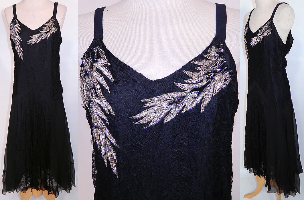 Vintage Black Chiffon Chantilly Lace Silver Sequin Beaded Bias Cut  Dress. This vintage black chiffon chantilly lace silver sequin beaded bias cut dress dates from the 1930s. It is made of a sheer black silk chiffon fabric, mixed with black chantilly lace and tiny silver sequin beaded trim done in a leaf design. This sexy evening gown dance dress has a bias cut, asymmetrical uneven handkerchief hemline skirt, plunging V necklines, shoulder straps, fully lined and side snaps closure. 