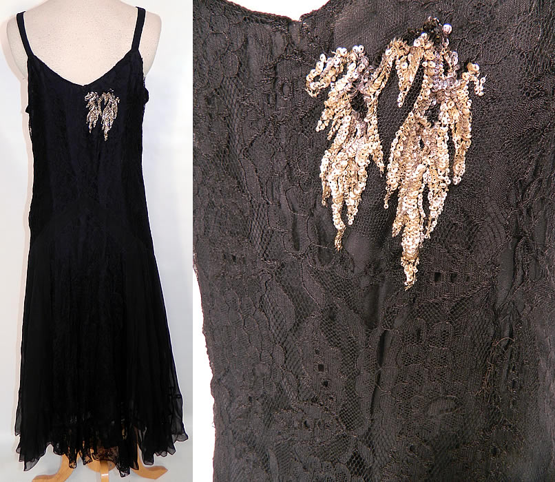 Vintage Black Chiffon Chantilly Lace Silver Sequin Beaded Bias Cut  Dress. The dress measures 47 inches long, with 36 inch hips, a 34 inch waist and 34 inch bust. It is in as-is condition, with several small frayed holes breaks in the lace (see close-up). This is truly a wonderful piece of wearable art! 