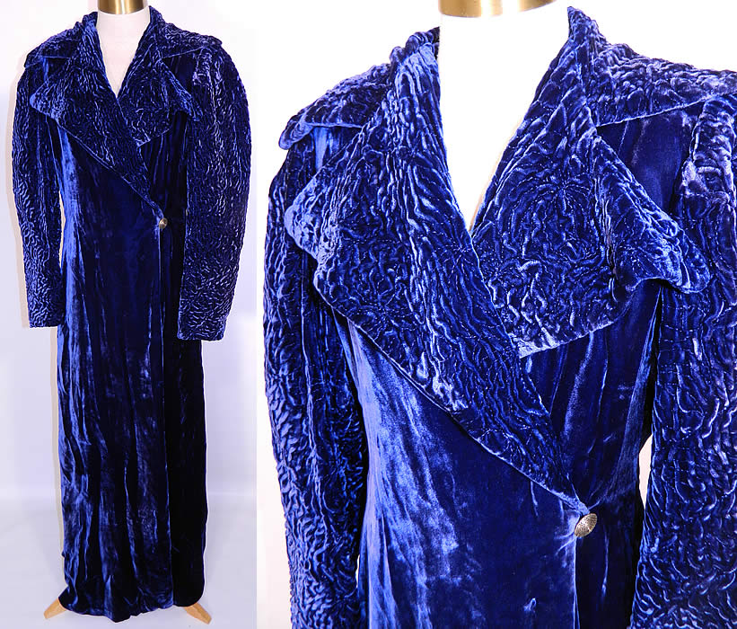 Vintage Royal Blue Silk Velvet Quilted Long Floor Length Evening Opera Coat. This vintage royal blue silk velvet quilted long floor length evening opera coat dates from the 1940s. It is made of a luxurious royal blue silk velvet fabric, with decorative quilted stitching on the collar and sleeves. 