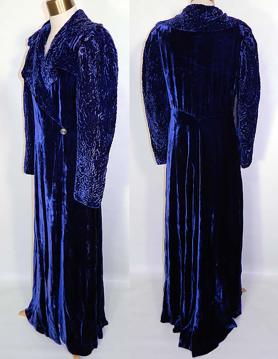 Vintage Royal Blue Silk Velvet Quilted Long Floor Length Evening Opera Coat. The coat measures 58 inches long, with 40 inch hips, a 28 inch waist, 36 inch bust, 14 inch back and 24 inch long sleeves. It is in good condition. This is truly a wonderful piece of wearable art! 