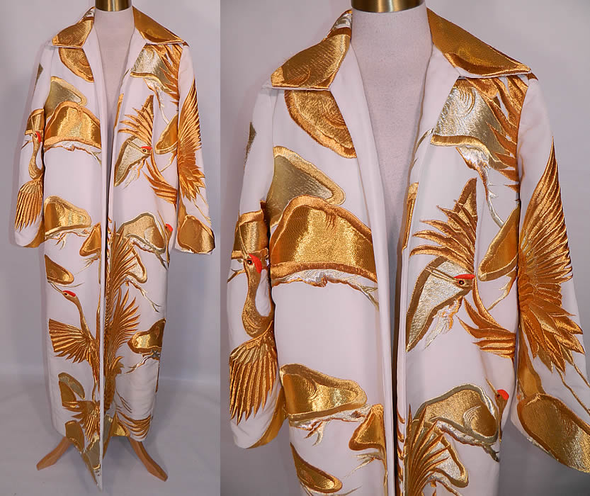 Vintage Profils Japanese Uchikake Wedding Kimono Gold Crane  Embroidered Coat. This vintage Profils Japanese uchikake wedding kimono gold crane embroidered coat dates from the 1960s. It is made of a white heavy ribbed textured silk fabric, with gold metallic thread raised padded satin stitch embroidered Japanese crane birds.