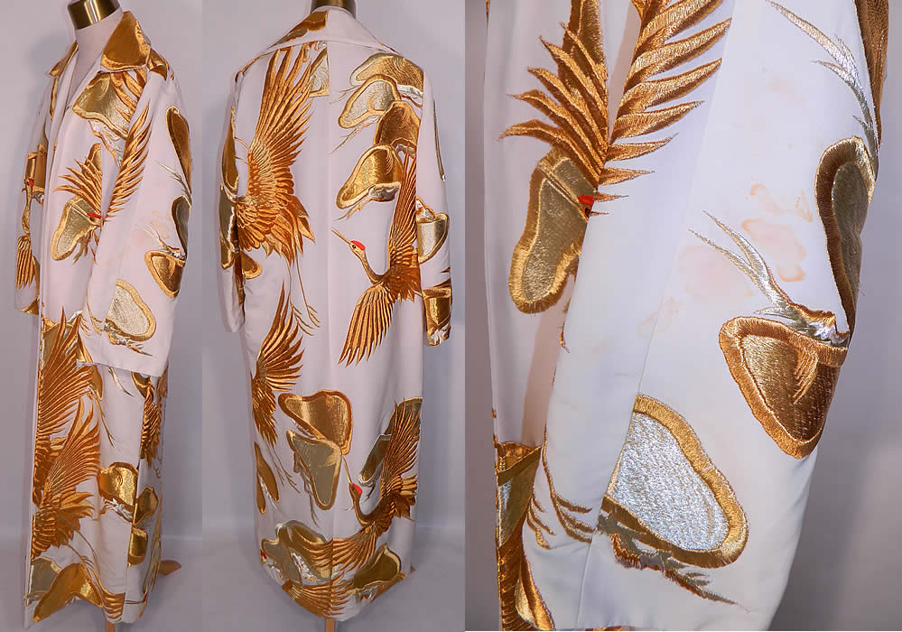 Vintage Profils Japanese Uchikake Wedding Kimono Gold Crane  Embroidered Coat. The coat measures 52 inches long, with 46 inch hips, a 44 inch waist, 44 inch bust, 16 inch back and 21 inch long sleeves. It is quite heavy weighing over 4 pounds and is in good condition, with only some faint stains on one sleeve (see close-up). This is a truly a wonderful piece of wearable Japanese textile art! 
