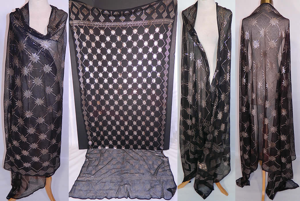 Vintage Art Deco Egyptian Assuit Black Net Silver Shawl Scarf Large Size.   