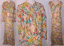 Vintage Daisy Flower Print Silk Chiffon Belted Bias Cut Dress Slip Cloak Cape