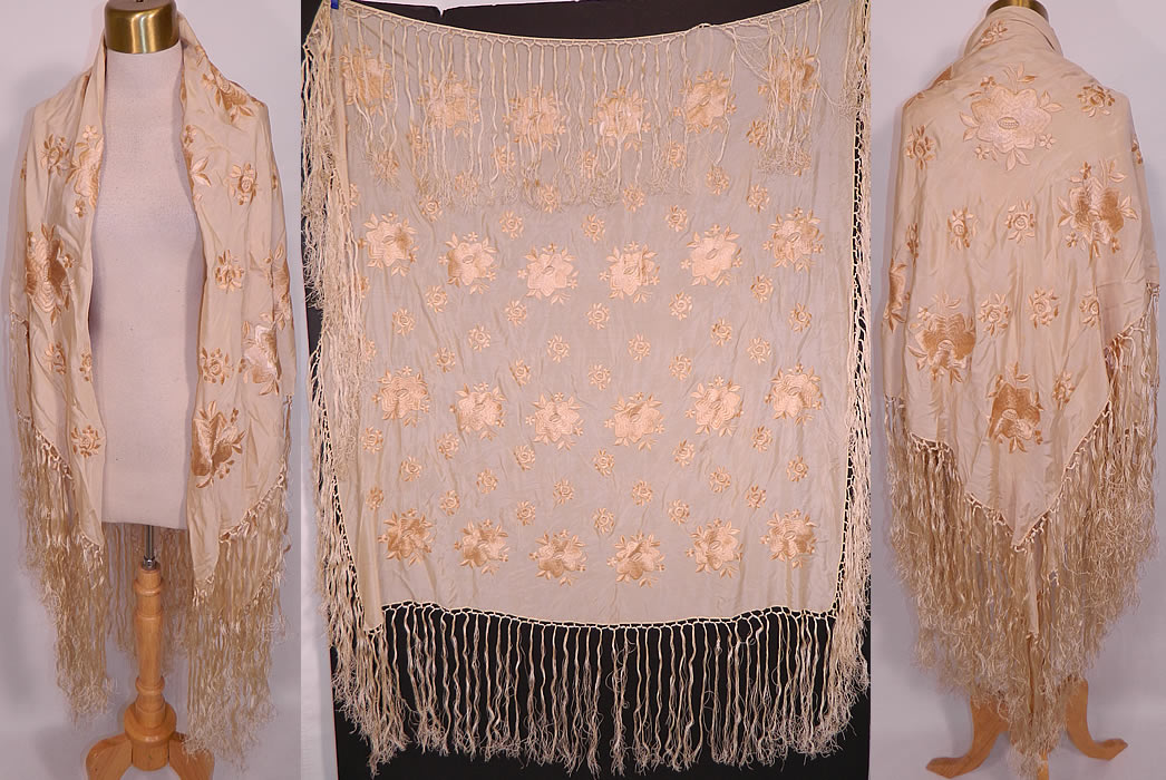 Antique Cream Silk Floral Embroidered Fringe Boho Wedding Piano Shawl. This antique cream silk floral embroidered fringe boho wedding piano shawl dates from the 1920s. It is made of an off white cream color silk fabric, with rows of machine done raised padded satin stitch embroidered cream flowers.