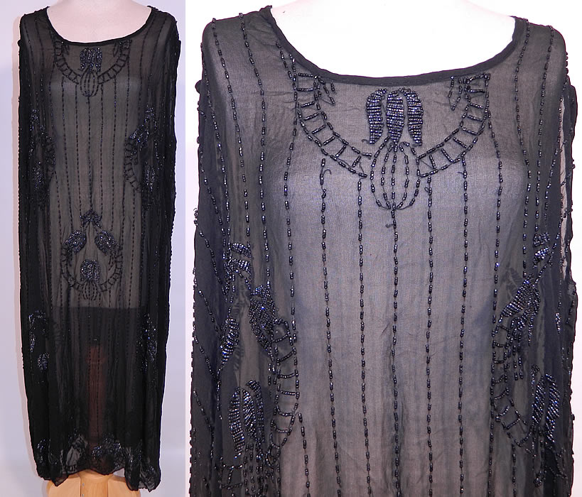 Vintage Art Deco Black Sheer Silk Chiffon Beaded Tulip Flower Flapper Dress. This amazing Art Deco vintage black sheer silk chiffon beaded tulip flower flapper dress dates from the 1920s. It is made of a black sheer silk chiffon fabric, with a black beaded Art Deco abstract tulip flower striped pattern design. 