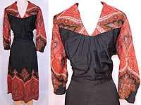 Vintage Red Orange Paisley Shawl Black Wool Dress