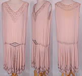 Vintage Art Deco Pink Silk Rhinestone Silver Beaded  Flapper Dress