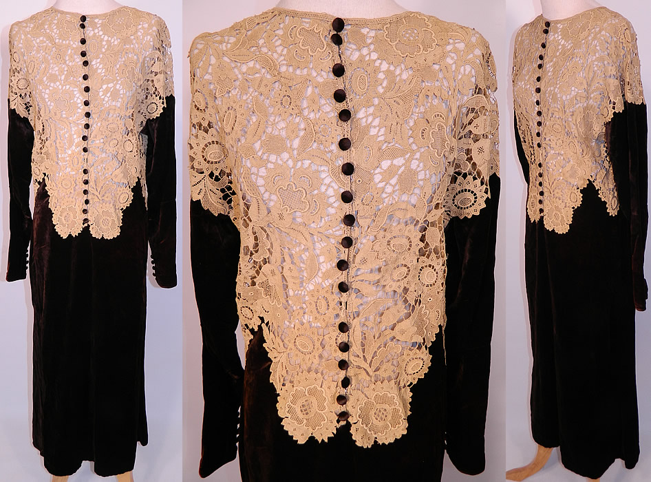 Vintage Brown Velvet Ecru Point de Venise Lace Trim Bias Cut Dress. This vintage brown velvet ecru Point de Venise lace trim bias cut dress dates from the 1930s. It is made of a dark brown silk velvet fabric, with a sheer off white ecru cream color Point de Venise lace trim front panel and back. 