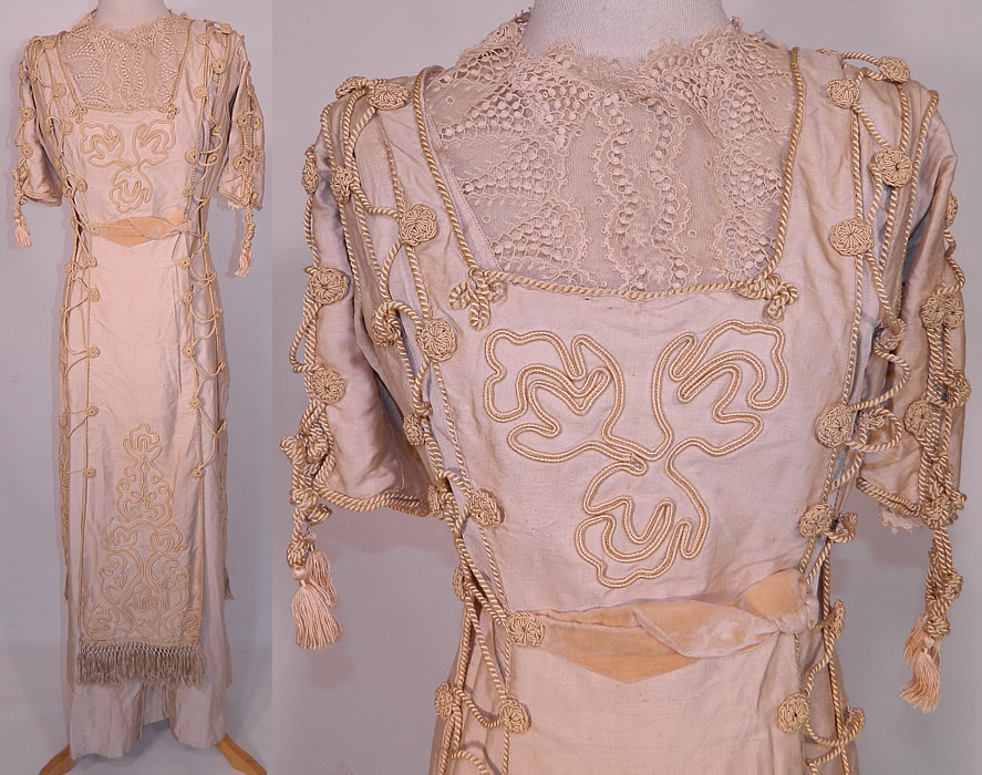 Edwardian Ecru Raw Silk Soutache Rope Lacing Corset Dress. This antique Titanic Edwardian era ecru raw silk soutache lacing corset dress dates from 1912. It is made of a  fine quality off white ecru color raw silk fabric, with raised soutache work, silk rope trim lacing, knotted crochet button trim and a  lace yoke collar insert.