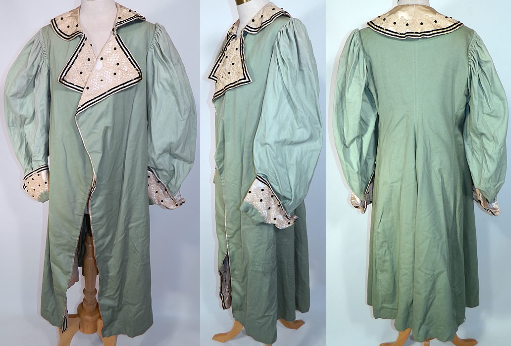 Edwardian Mint Green Wool Black Velvet White Lace Trim Winter Traveling Coat. This antique Edwardian era mint green wool black velvet white lace trim winter traveling coat dates from 1910. It is made of a pastel light mint green color fine soft wool fabric, with black velvet and white silk, lace trim accents.