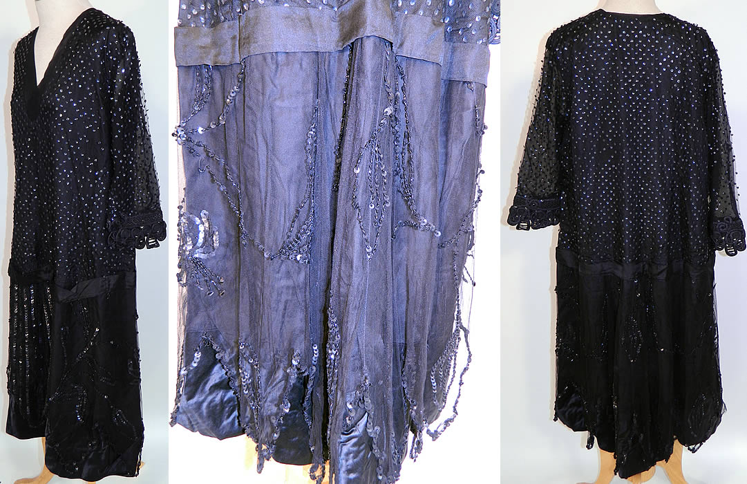 Vintage Black Silk Net Sequin Beaded Drop Waist Flapper Dress Large Size. This fabulous flapper dress is loose fitting, with a drop waist, 3/4 length sleeves, with soutache braided rope trim cuffs, a V front neckline, layered tiered scalloped hemline net skirt and belted sash. 