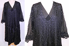 Vintage Black Silk Net Sequin Beaded Drop Waist Flapper Dress Large Size