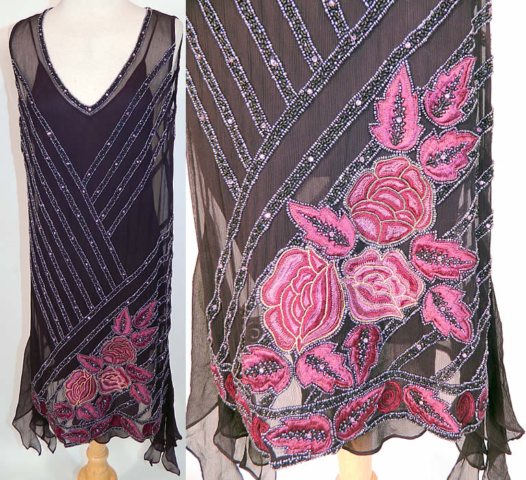 Vintage Jovovich Hawk  Black  Silk  Beaded Embroidered Roses Flapper Dress NWT. This amazing vintage Jovovich Hawk black silk beaded embroidered roses reproduction 1920s style flapper dress dates from 2003. It is made of a black sheer silk chiffon fabric, with black, silver, rhinestone beading done in a striped grid pattern and pink, plum color embroidered roses floral designs done on the bottom skirt.