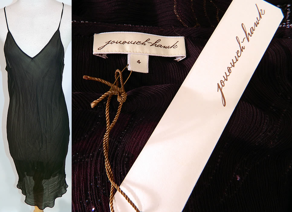 Vintage Jovovich Hawk  Black  Silk  Beaded Embroidered Roses Flapper Dress NWT. This fabulous flapper inspired dress has a loose fitting straight shift style, sleeveless, with a V front neckline, uneven handkerchief hemline with longer sides skirt and is sheer, unlined. There is a "Jovovich-Hawk" designer label and size 4 tag sewn inside the neck. 