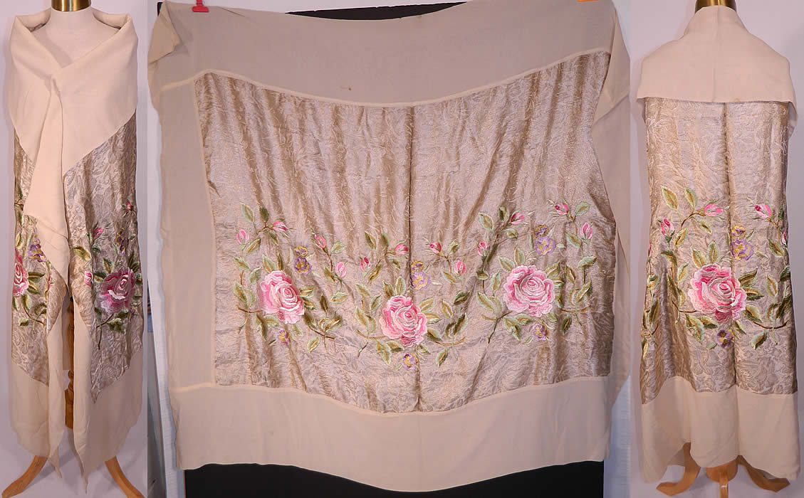 Vintage Embroidered Pink Roses Purple Pansies Silver Lame Lam&eacute; Cream Silk Shawl. This vintage antique embroidered pink roses, purple pansies silver lam&eacute; cream silk shawl dates from the 1920s. It is made of an off white cream color silk chiffon fabric trim border and background with silver metallic lam&eacute; threads woven into the fabric center creating a floral damask brocade pattern.