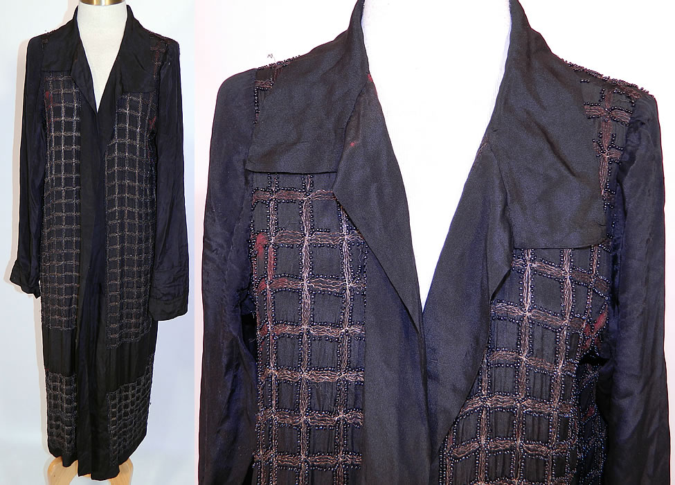 Vintage Art Deco Black Silk Gold Lam&eacute; Beaded Grid Evening Flapper Coat Jacket. This amazing antique Art Deco black silk, gold lam&eacute;, beaded grid evening flapper coat jacket dates from the 1920s. It is made of a black silk fabric, with gold lam&eacute; metallic chain stitch embroidery work and black beading done in decorative grid square box pattern design. 