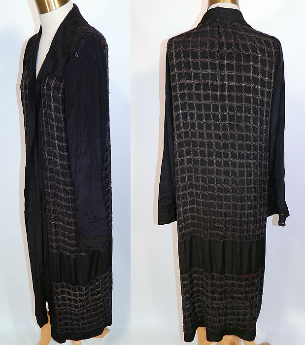 Vintage Art Deco Black Silk Gold Lam&eacute; Beaded Grid Evening Flapper Coat Jacket. This fabulous flapper evening opera coat is a long floor length, loose fitting, has an open front with no closure, a fold over lapel collar, long full sleeves with button cuffs and is unlined. 
