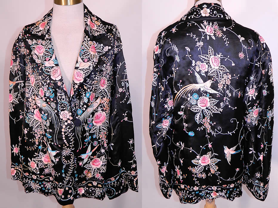 Vintage Chinese Black  Silk Pastel Embroidered Bird Piano Shawl Jacket. This vintage antique Chinese black silk pastel embroidered bird piano shawl jacket dates from the 1920s. It is made of a black silk fabric background, with colorful pastel silk raised padded satin stitch hand embroidery work. There is a lavishly lush floral foliage and bird design completely covering the fabric.
