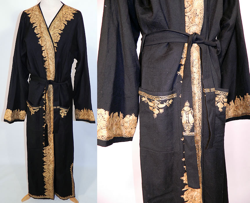 Vintage Paisley Chain Stitch Crewel Work Embroidery Black Wool Belted Robe Coat. This vintage paisley chain stitch crewel work embroidery black wool belted robe coat dates from the 1940s. It is made of a black soft merino wool, with a golden color chain stitch crewel work hand embroidered floral leaf paisley boteh tear drop designs. 